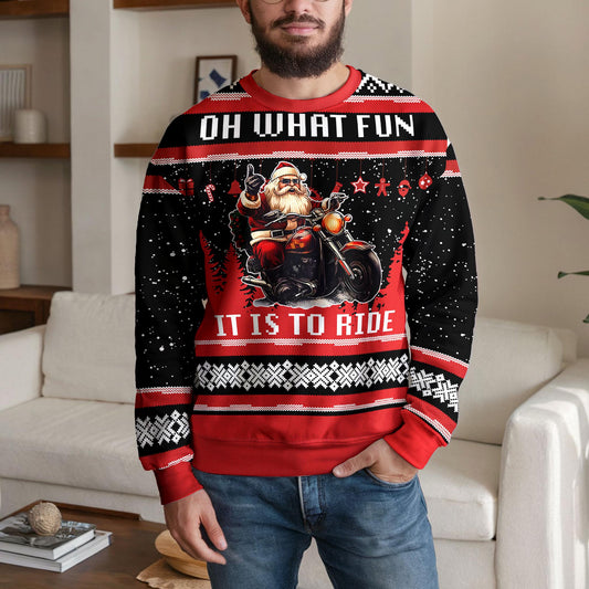 Santa Riding Motorcycle Ugly Christmas Sweater, Funny Biker Design