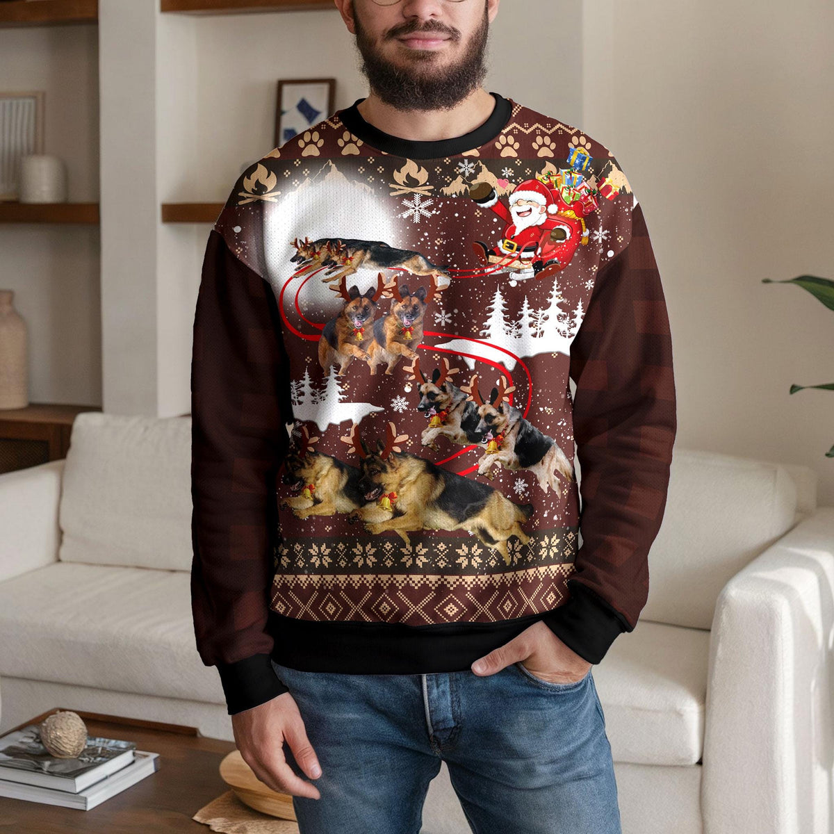German Shepherd Ugly Christmas Sweater, Santa Sleigh Dog Design