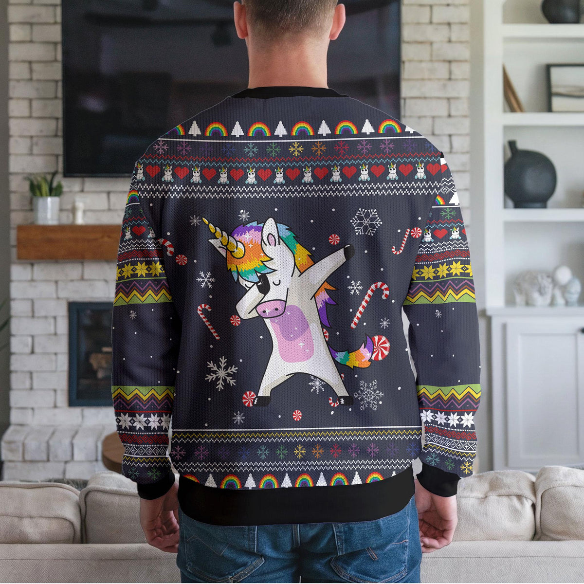 Dabbing Unicorn Ugly Christmas Sweater, Rainbow Candy Cane Design
