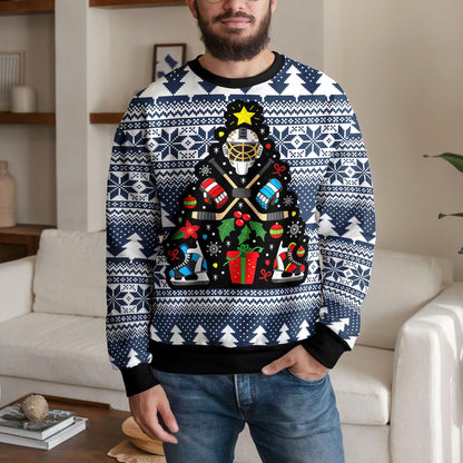 Hockey Goalie Christmas Tree Ugly Sweater, Funny Ice Hockey Design