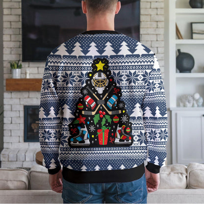 Hockey Goalie Christmas Tree Ugly Sweater, Funny Ice Hockey Design