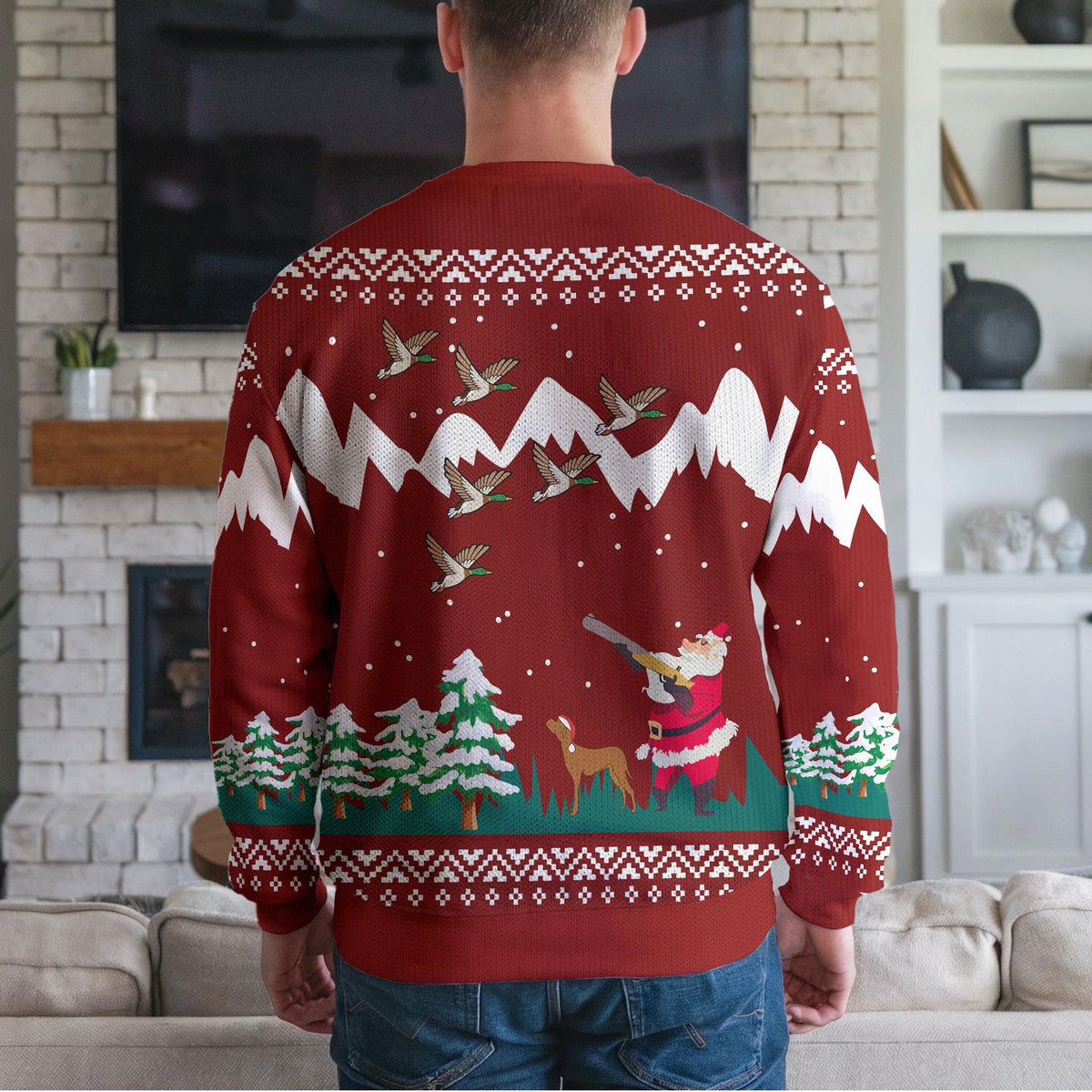 Santa Duck Hunting Ugly Christmas Sweater, Funny Hunter Design