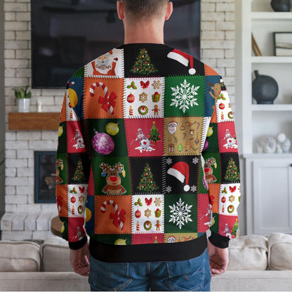 Christmas Patchwork Ugly Sweater, Santa Snowman And Reindeer Design