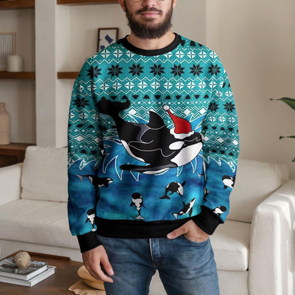 Orca Ugly Christmas Sweater, Santa Hat Killer Whale Design