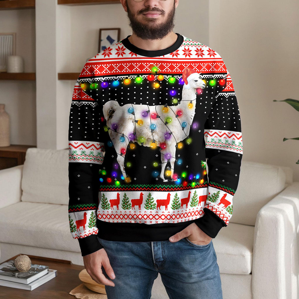 Llama Ugly Christmas Sweater, Christmas Lights Santa Llama Design