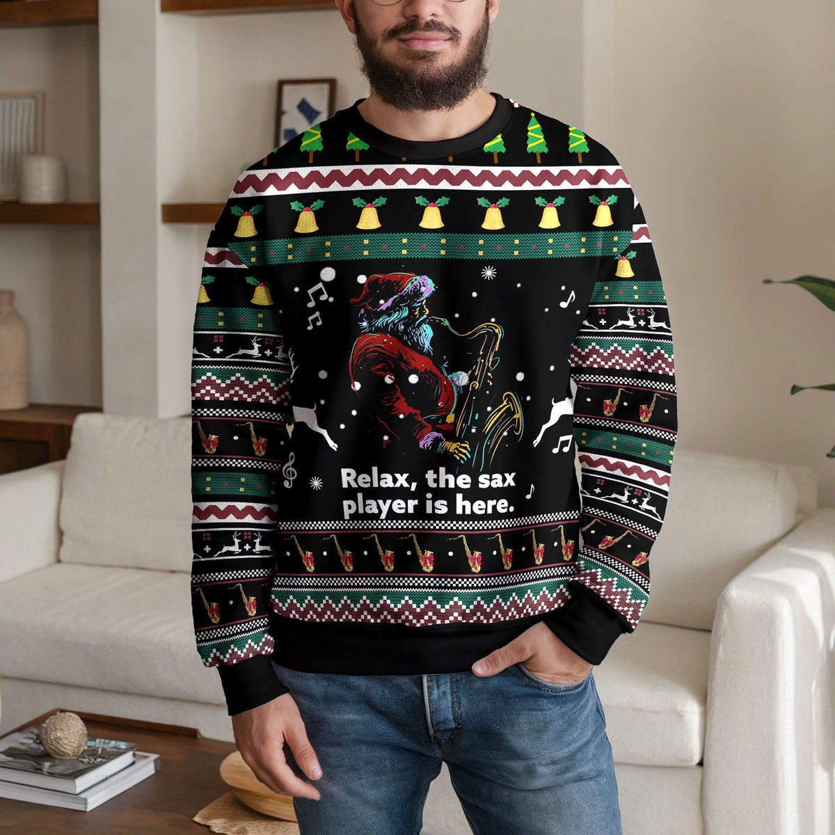Saxophone Santa Ugly Christmas Sweater, Funny Sax Player Design