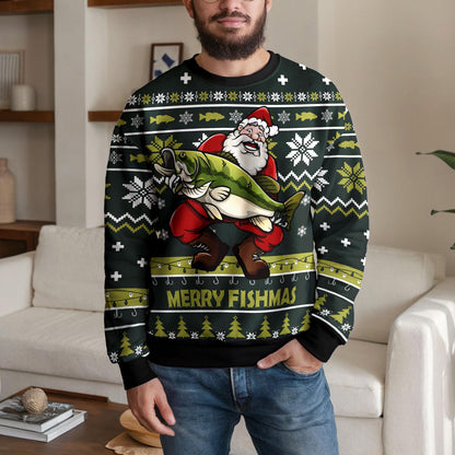 Merry Fishmas Santa Fishing Ugly Christmas Sweater, Funny Bass Design