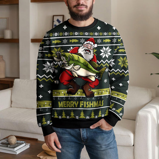 Merry Fishmas Santa Fishing Ugly Christmas Sweater, Funny Bass Design