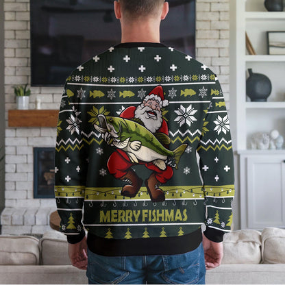 Merry Fishmas Santa Fishing Ugly Christmas Sweater, Funny Bass Design