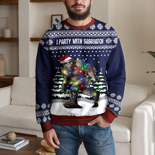 Bigfoot Ugly Christmas Sweater, Sasquatch Christmas Lights Design