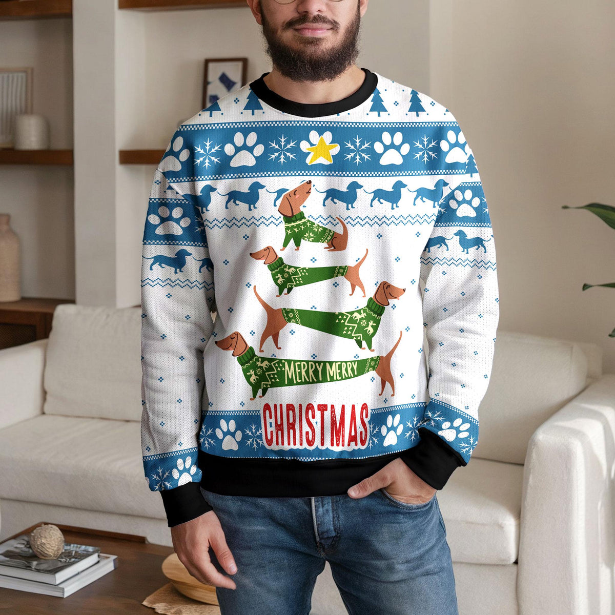 Dachshund Ugly Christmas Sweater, Funny Wiener Dog Holiday Design
