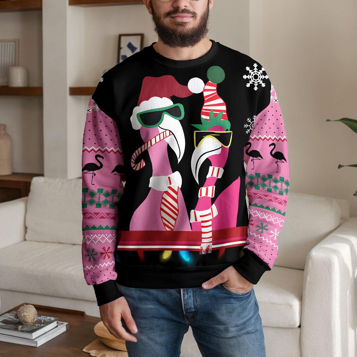 Pink Flamingo Ugly Christmas Sweater, Funny Pink Holiday Design