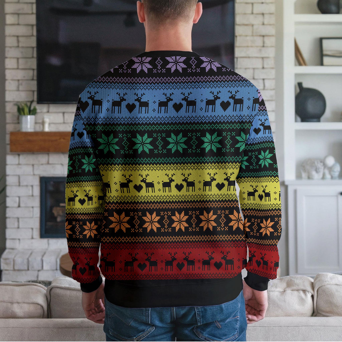 Rainbow Reindeer Ugly Christmas Sweater, Colorful Nordic Holiday Design