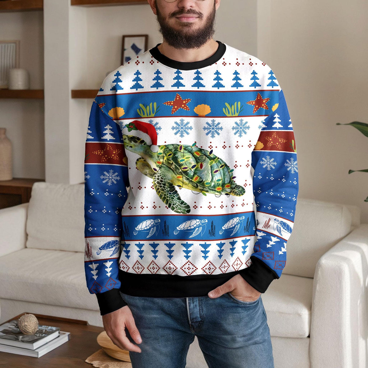 Sea Turtle Ugly Christmas Sweater, Christmas Lights Ocean Design