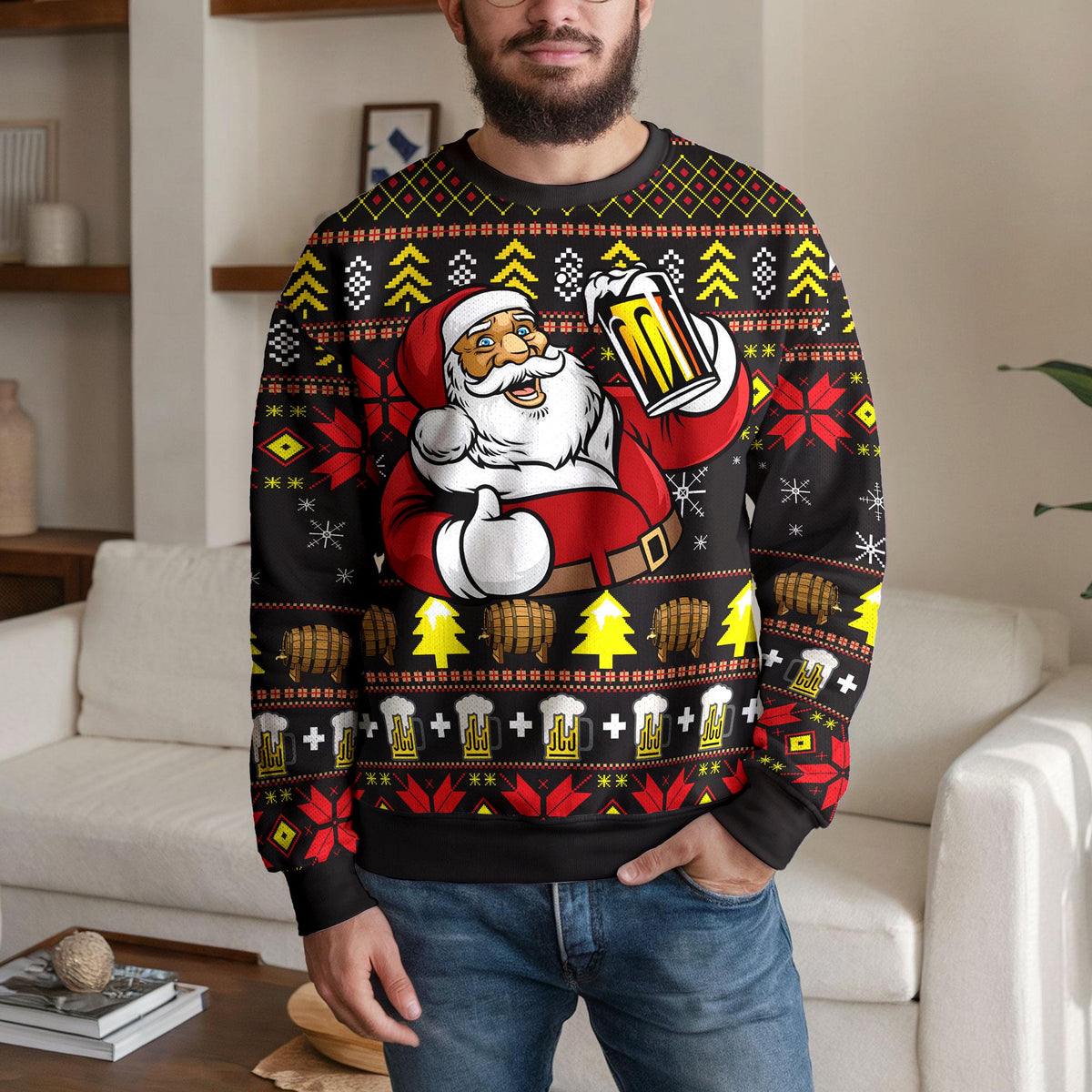 Santa Beer Ugly Christmas Sweater, Funny Drinking Santa Design