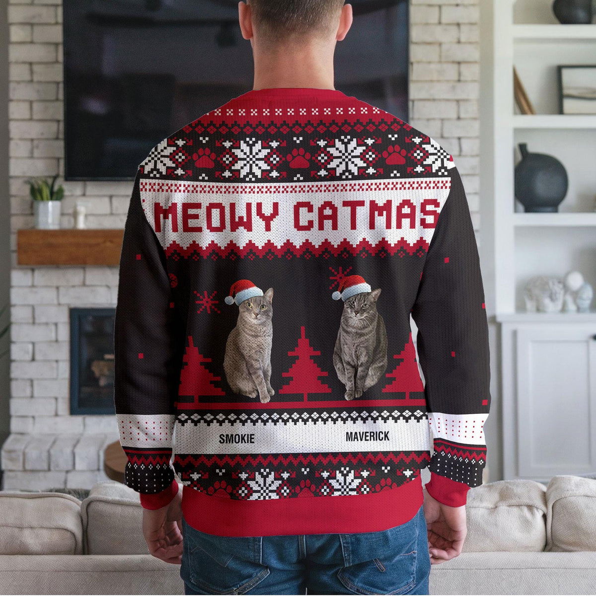 Personalized Cat Photo Ugly Christmas Sweater, Custom Meowy Catmas Design