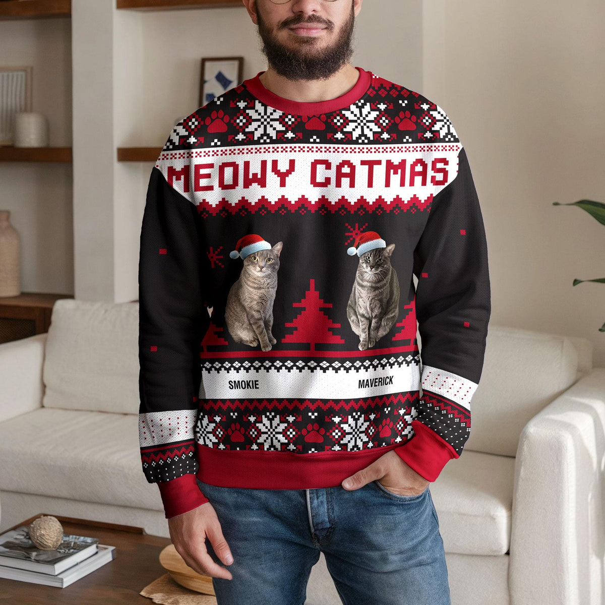 Personalized Cat Photo Ugly Christmas Sweater, Custom Meowy Catmas Design