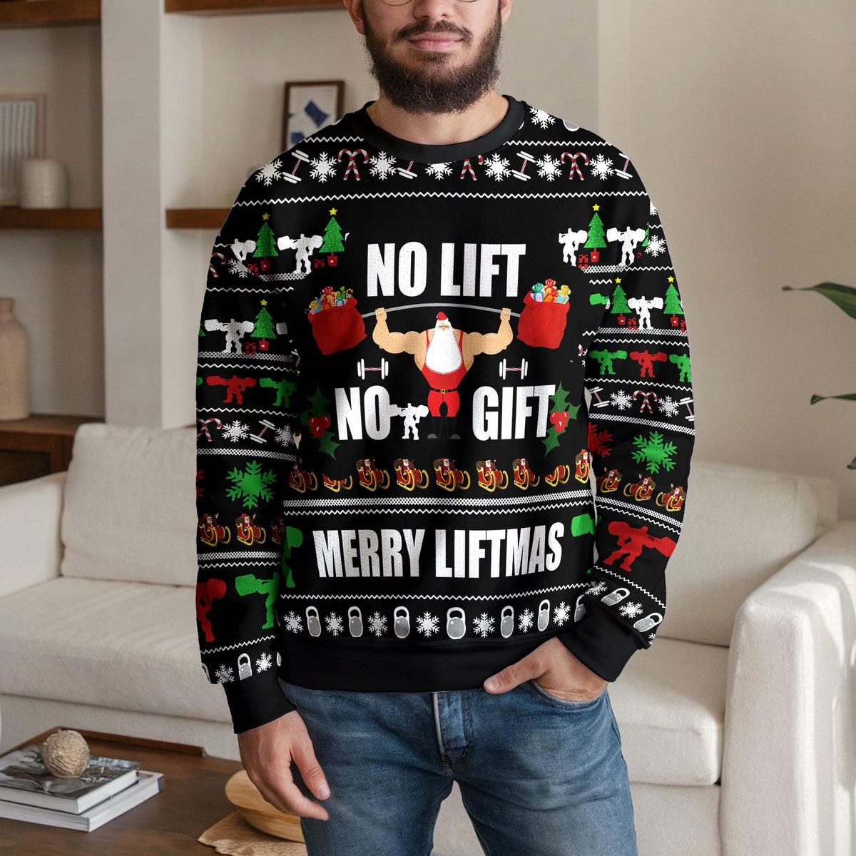 Merry Liftmas Weightlifting Santa Ugly Christmas Sweater, Funny Gym Design