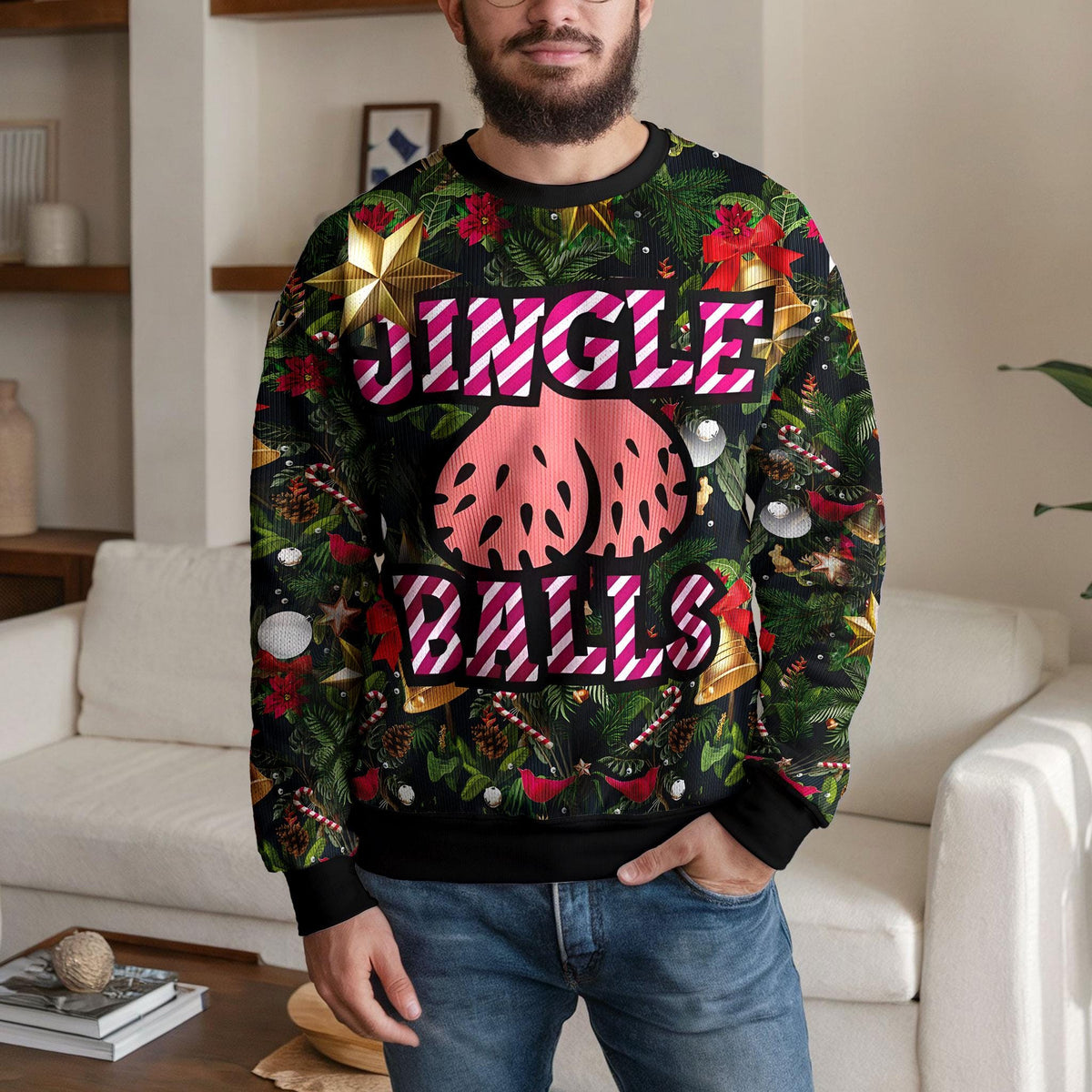 Jingle Balls Ugly Christmas Sweater, Naughty Adult Humor Holiday Design