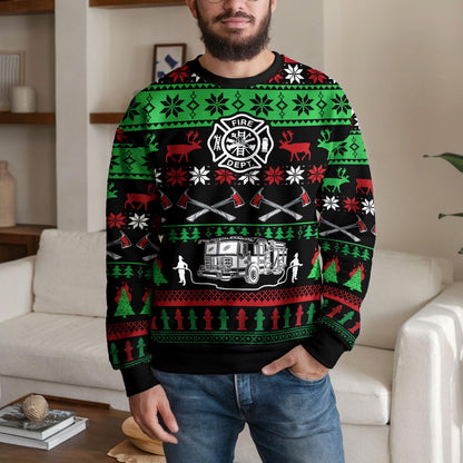 Firefighter Ugly Christmas Sweater, Fire Truck And Fire Department Design