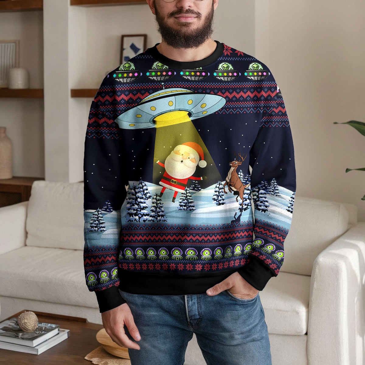 Ufo Abducting Santa Ugly Christmas Sweater, Funny Alien Sci-fi Design