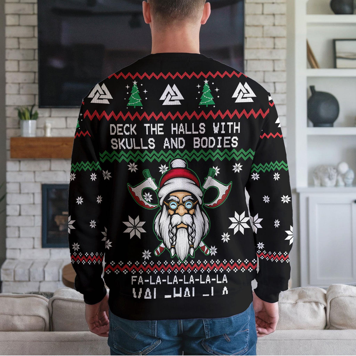 Viking Santa Valhalla Ugly Christmas Sweater, Funny Norse Skull Holiday Design