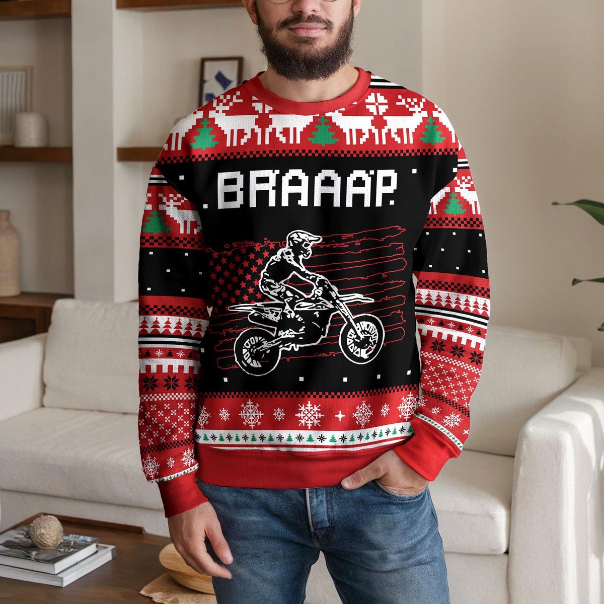 Braaap Motocross Ugly Christmas Sweater, Funny Dirt Bike Rider Design