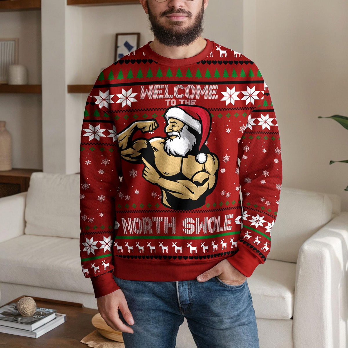 North Swole Muscular Santa Ugly Christmas Sweater, Funny Gym And Bodybuilding Design