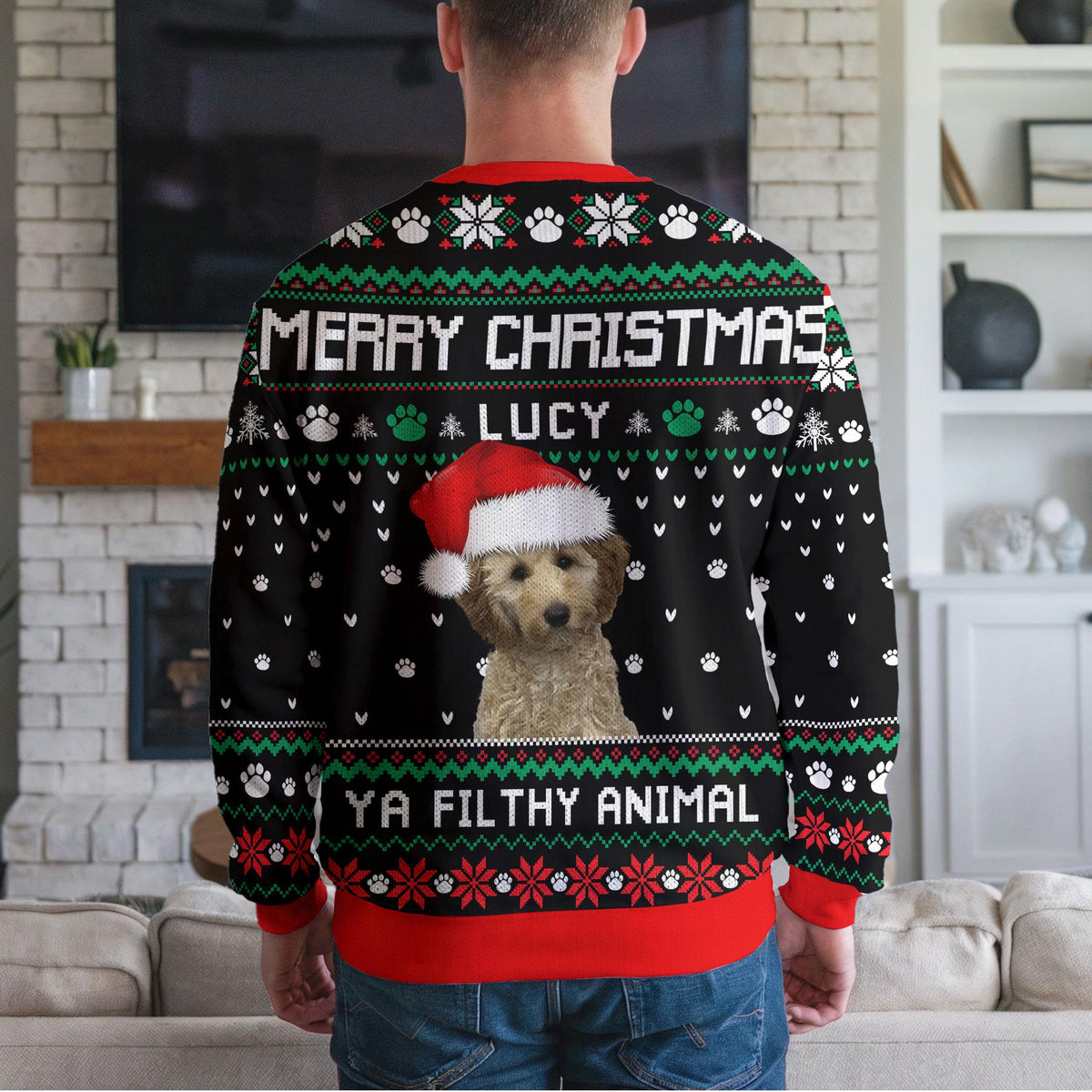 Personalized Dog Photo Ugly Christmas Sweater, Custom Name Ya Filthy Animal Design