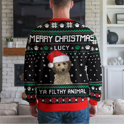 Personalized Dog Photo Ugly Christmas Sweater, Custom Name Ya Filthy Animal Design