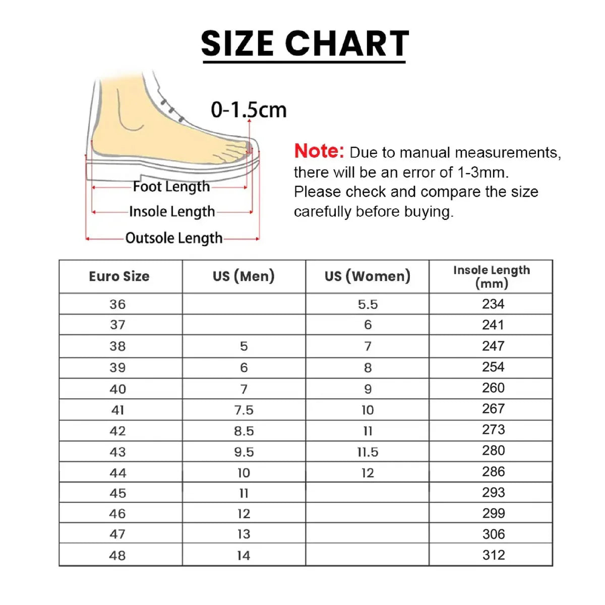 Size chart for New Orleans Saints Merry Saintsmas Air Force 1 Shoes